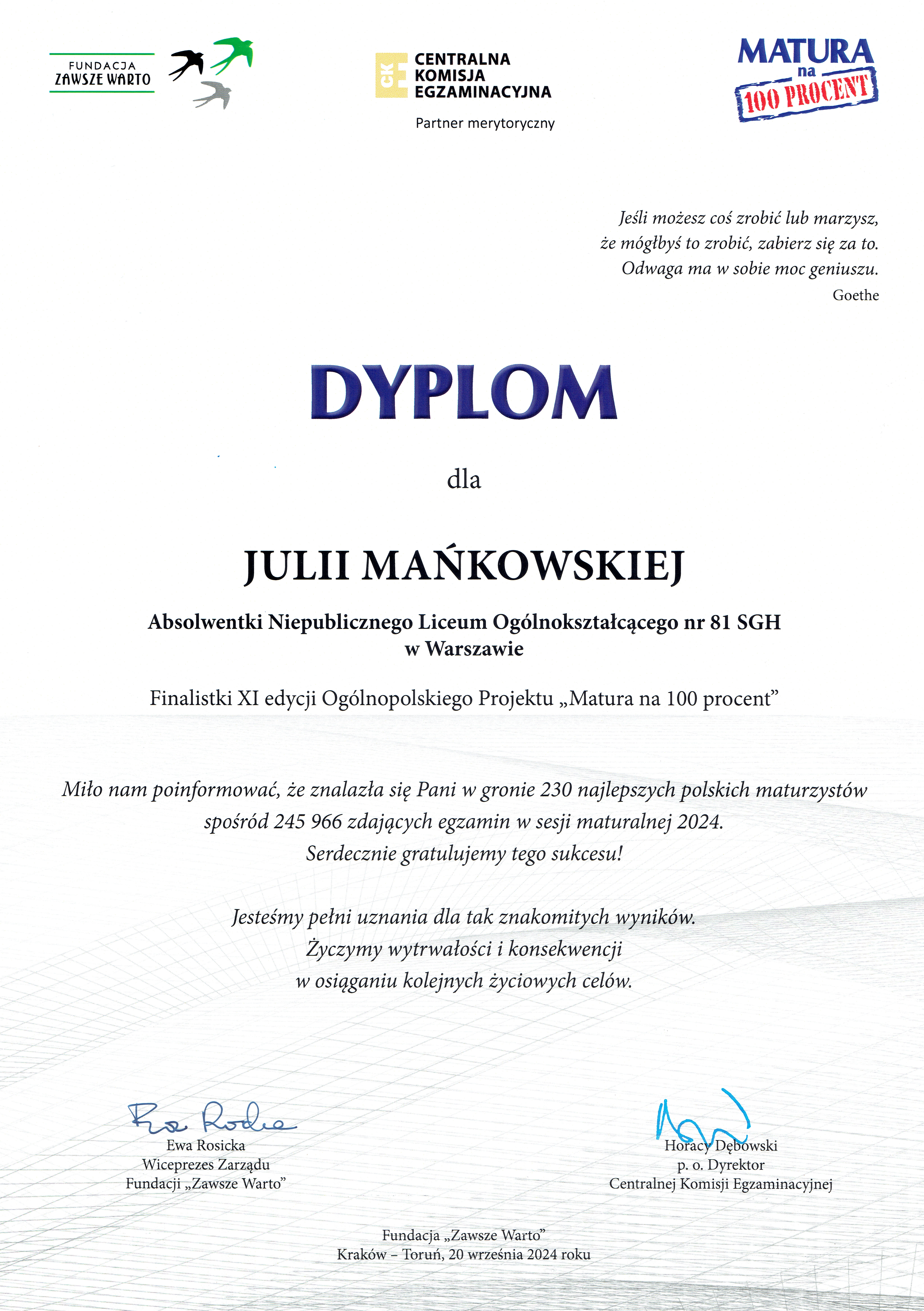 Dyplom Julia Mańkowska Matura 100%